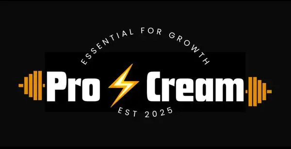 A black logo with "Essential for Growth" and "Pro Cream" with a lightning bolt.