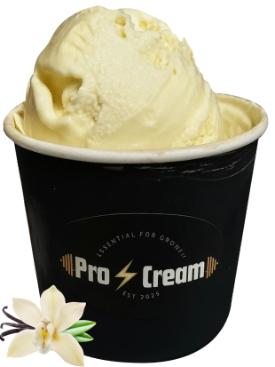 A black cup with vanilla ice cream and Pro Cream branding.