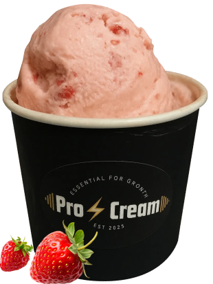 A cup of pink strawberry ice cream with fresh strawberries.