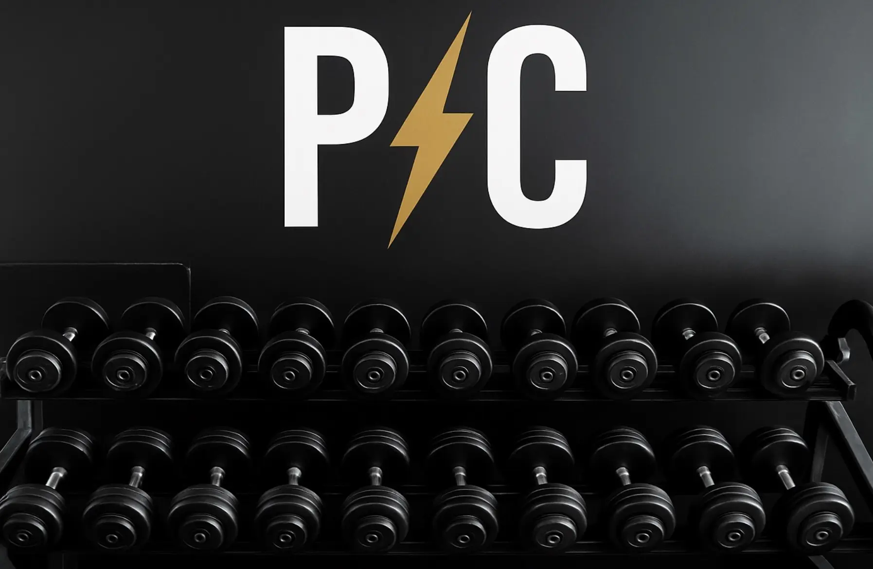 Logo with a lightning bolt between the letters P and C above dumbbells.