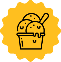 Icon of three scoops of ice cream in a bucket with a spoon on an orange background.