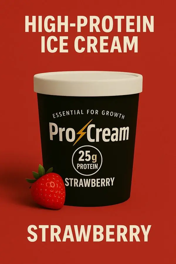 A black container of Pro Cream strawberry ice cream with a fresh strawberry beside it.