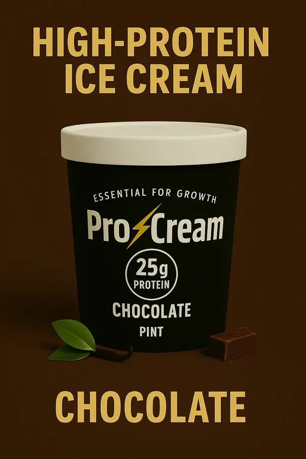 Chocolate protein ice cream pint with 25g protein on a brown background.