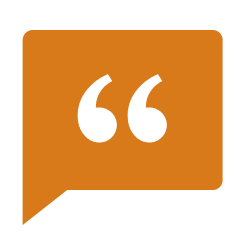 Orange speech bubble with quotation marks.